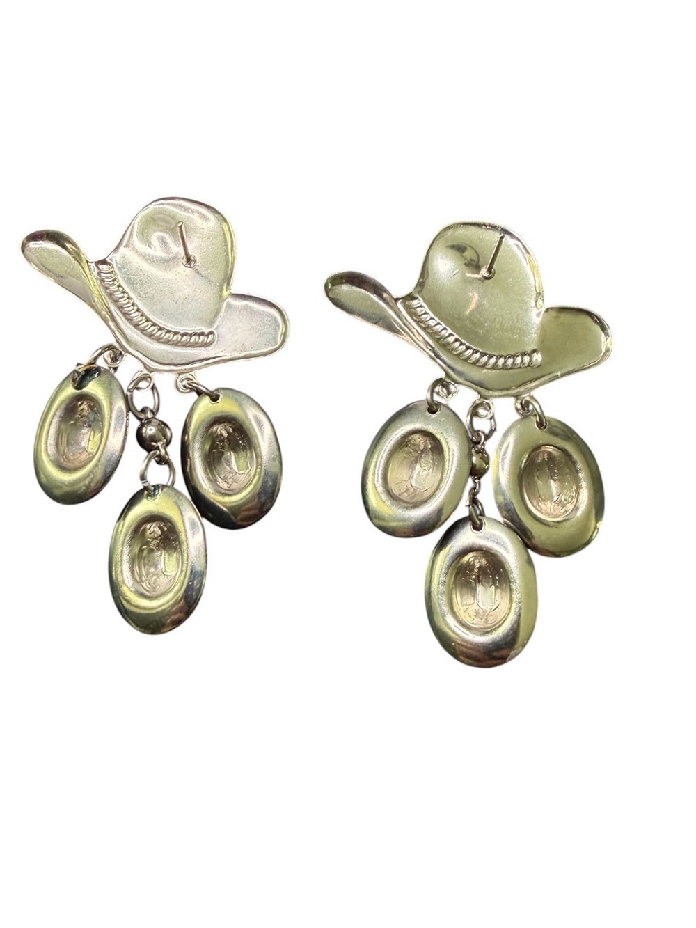 Vintage Southwestern Cowboy Hat Dangle Earrings Teal Turquoise Glitter Enamel - Picture 3 of 4